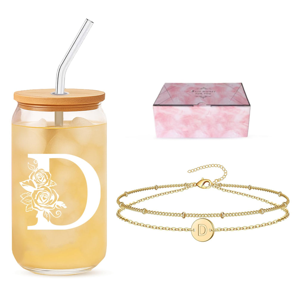 Friendship Gifts for Women, Initial Glass Cup and Bracelet Gift Set, Personalized Ready to Gift Letter Gift for Bestie, Women Friends and Special Occasions