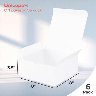 UnicoPak 6 Pack 8x8x3.5 White Gift Boxes Bulk, Gift Boxes with Lids for Presents for Birthday Wedding Bridesmaid Proposal Thank You Holiday Christmas