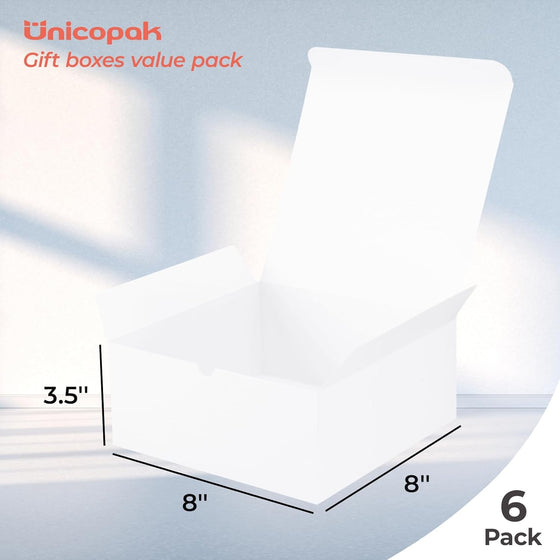 UnicoPak 6 Pack 8x8x3.5 White Gift Boxes Bulk, Gift Boxes with Lids for Presents for Birthday Wedding Bridesmaid Proposal Thank You Holiday Christmas - hover image