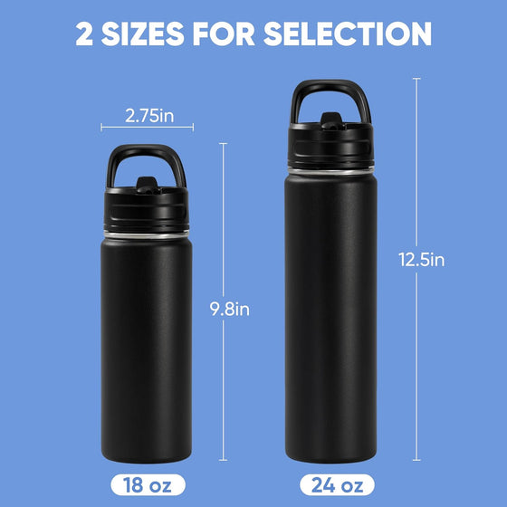 Fijinhom 18oz Insulated Stainless Steel Water Bottle with Straws, Double Wall Vacuum Insulated Bottles, Metal Thermo for Travel, Sports, Leak-Proof, BPA Free, Women & Men, Black - hover image