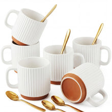 6 Set Ceramic Coffee Mugs with Gold Spoons, 8.8 oz Textured Ribbed Coffee Cups for Latte & Cappuccino, Modern Farmhouse Tea Mugs with Handle, Dishwasher & Microwave Safe(Beige)