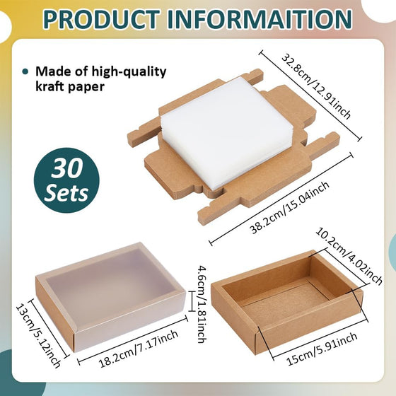 BENECREAT 30 Set Brown Kraft Drawer Gift Box, Paper Storage Organizers with Translucent Plastic Sliding Lid for Wedding Favors, DIY Crafts, Small Item Display, 7.17x5.12x1.8inch - hover image