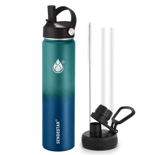 SENDESTAR Water Bottle 32oz Double Wall Vacuum Insulated Leak Proof Stainless Steel Sports Water Bottle—Wide Mouth with New Flex Straw Lid & Spout Lid (Deep Blue&Black)