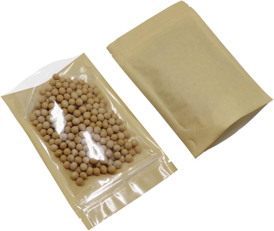 PABCK 50 Pcs Clear Front Stand Up Airtight 3.9x5.9inch Brown Kraft Paper for Zip Food Storage Lock Bags Reclosable Zipper Resealable Heat Seal Pouch Coffee Snack Packaging (Usable Size 3.1x3.3 inch)