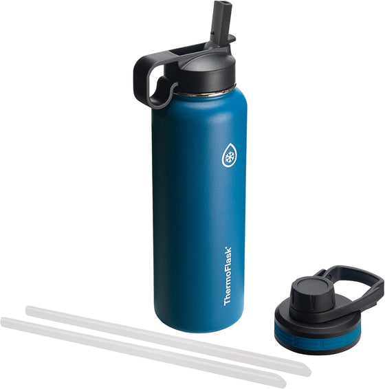 ThermoFlask 40 oz Double Wall Vacuum Insulated Stainless Steel Water Bottle - Reusable with Leakproof Chug & Straw Lids - Keeps Drinks Cold 24 hr/Hot 12 hr - Easy Maintenance - Gym/On-the-Go, Cobalt
