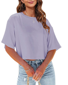 Tankaneo Women Half Sleeve Cropped T-Shirts Drop Shoulder Round Neck Crop Tops Casual Summer Solid Color Basic Tees