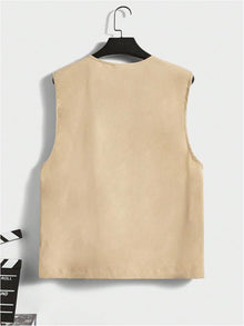 OYOANGLE Men's Sleeveless V Neck Zip Up Cargo Vest Letter Patched Flap Pocket Vest Coat Outerwear