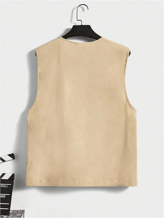 OYOANGLE Men's Sleeveless V Neck Zip Up Cargo Vest Letter Patched Flap Pocket Vest Coat Outerwear