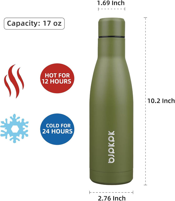 BJPKPK 17oz Insulated Water Bottles Stainless Steel Sports Water Bottles Keep Cold and Hot for Travel Dishwasher Safe,Olive Green - hover image
