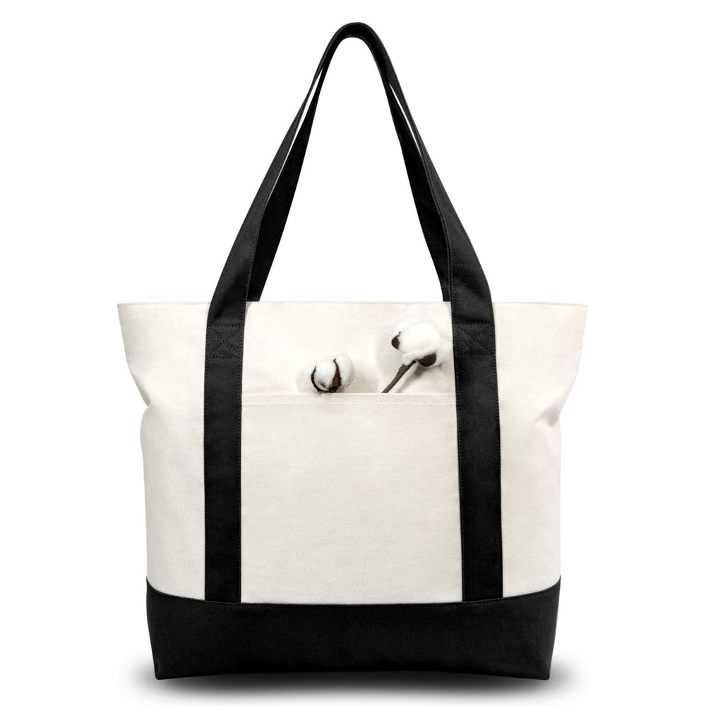 TOPDesign 1 | 3 | 6 | 30 Pack Canvas Tote Bag with an External Pocket, Reusable Grocery Shopping Bag, Top Zipper Closure, Daily Essentials (Black/Natural Pack of 1)