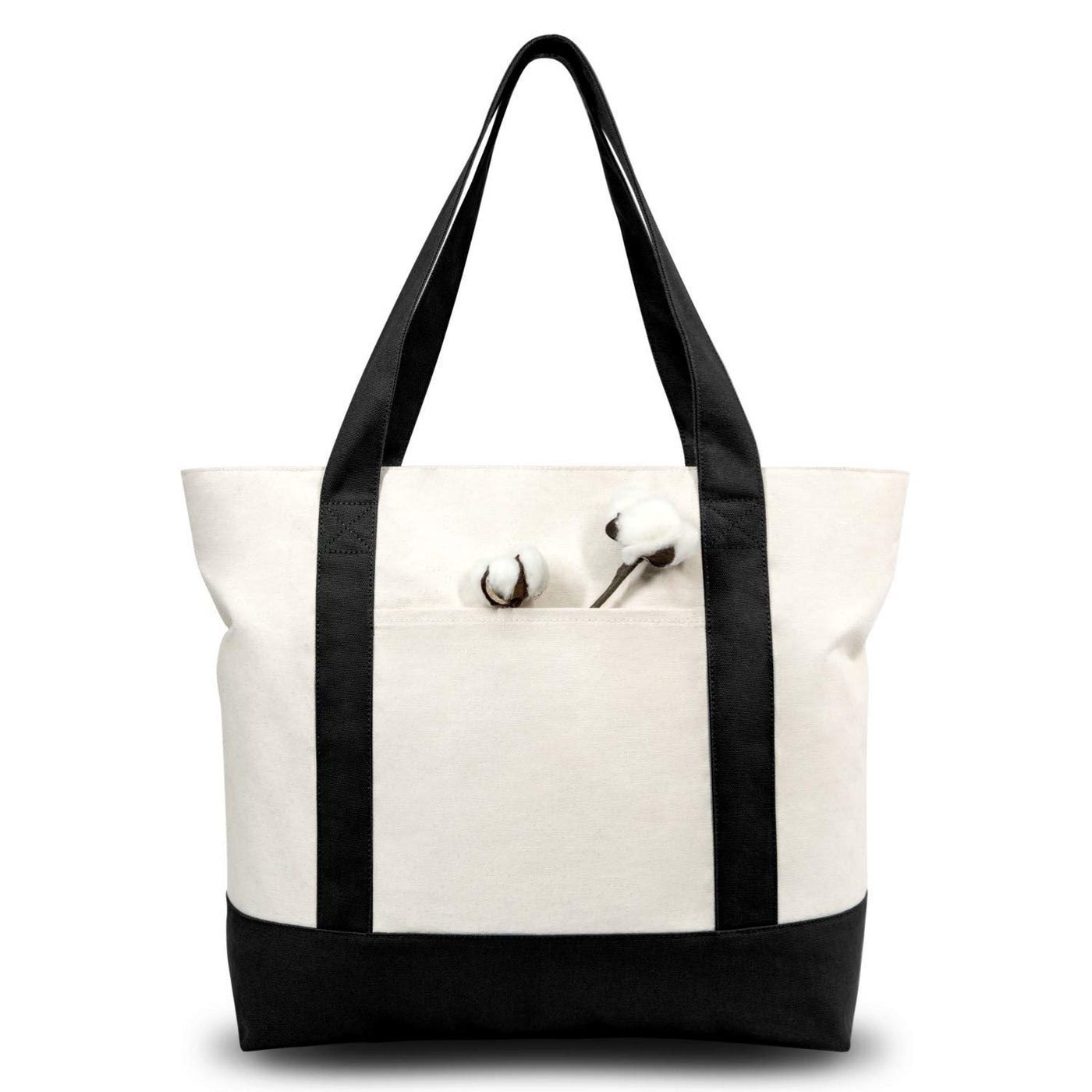 TOPDesign 1 | 3 | 6 | 30 Pack Canvas Tote Bag with an External Pocket, Reusable Grocery Shopping Bag, Top Zipper Closure, Daily Essentials (Black/Natural Pack of 1)