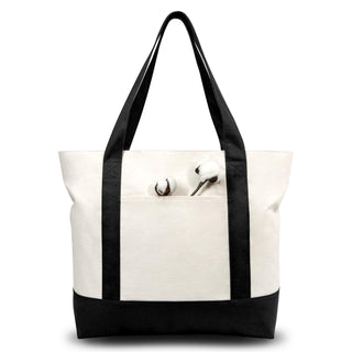TOPDesign 1 | 3 | 6 | 30 Pack Canvas Tote Bag with an External Pocket, Reusable Grocery Shopping Bag, Top Zipper Closure, Daily Essentials (Black/Natural Pack of 1)