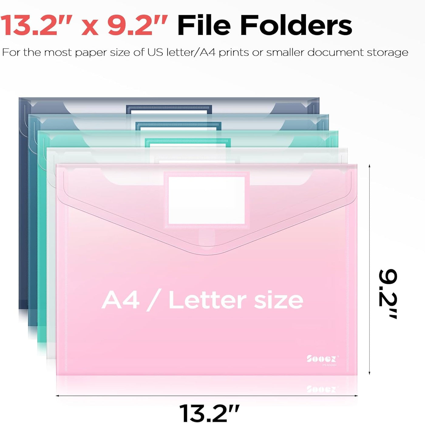 Sooez 10Pack Plastic Envelopes, Plastic File Folders, Clear Folders for Documents Trendy Colors, Super Heavyweight Document Holders, Storage Pouches, File Envelopes for School Office Supplies