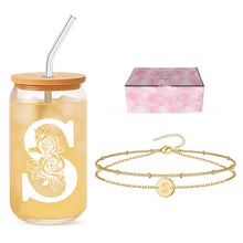 Friendship Gifts for Women, Initial Glass Cup and Bracelet Gift Set, Personalized Ready to Gift Letter Gift for Bestie, Women Friends and Special Occasions