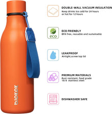 BJPKPK Insulated Water Bottles, 18 oz Stainless Steel Metal Water Bottle with Strap, BPA Free Leak Proof Jugs, Mugs, Flasks, Reusable Thermal Flasks for Sports & Travel, Orange