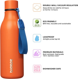 BJPKPK Insulated Water Bottles, 18 oz Stainless Steel Metal Water Bottle with Strap, BPA Free Leak Proof Jugs, Mugs, Flasks, Reusable Thermal Flasks for Sports & Travel, Orange