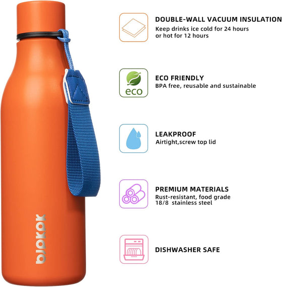 BJPKPK Insulated Water Bottles, 18 oz Stainless Steel Metal Water Bottle with Strap, BPA Free Leak Proof Jugs, Mugs, Flasks, Reusable Thermal Flasks for Sports & Travel, Orange - hover image