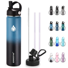 SENDESTAR Water Bottle 32oz Double Wall Vacuum Insulated Leak Proof Stainless Steel Sports Water Bottle—Wide Mouth with New Flex Straw Lid & Spout Lid (Deep Blue&Black)