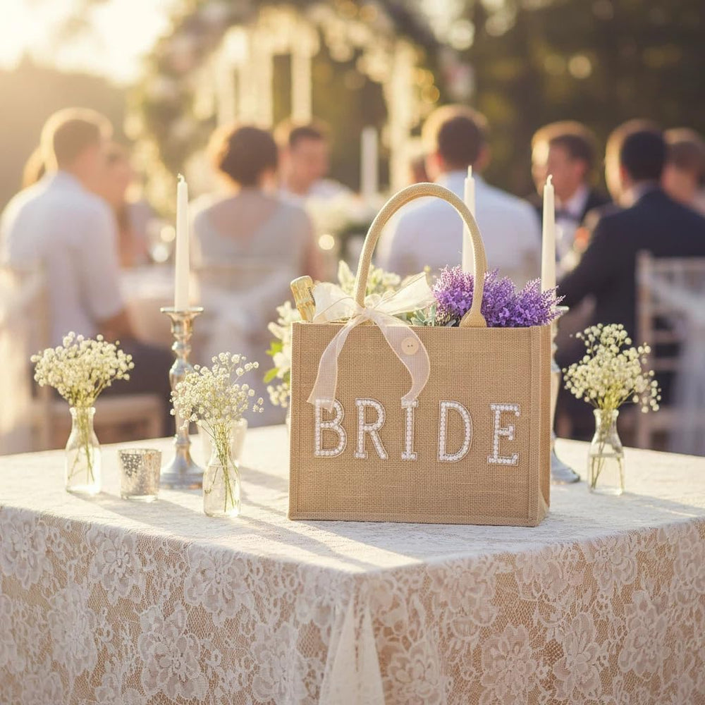 Bride Tote Bag Large Jute Tote Natural Wedding Shower Gift Bag with Gold Diamond &Ribbon Bridal Gifts for Bride to Be, Future Mrs, Engagement, Bachelorette Party Gift（Gold Outline）