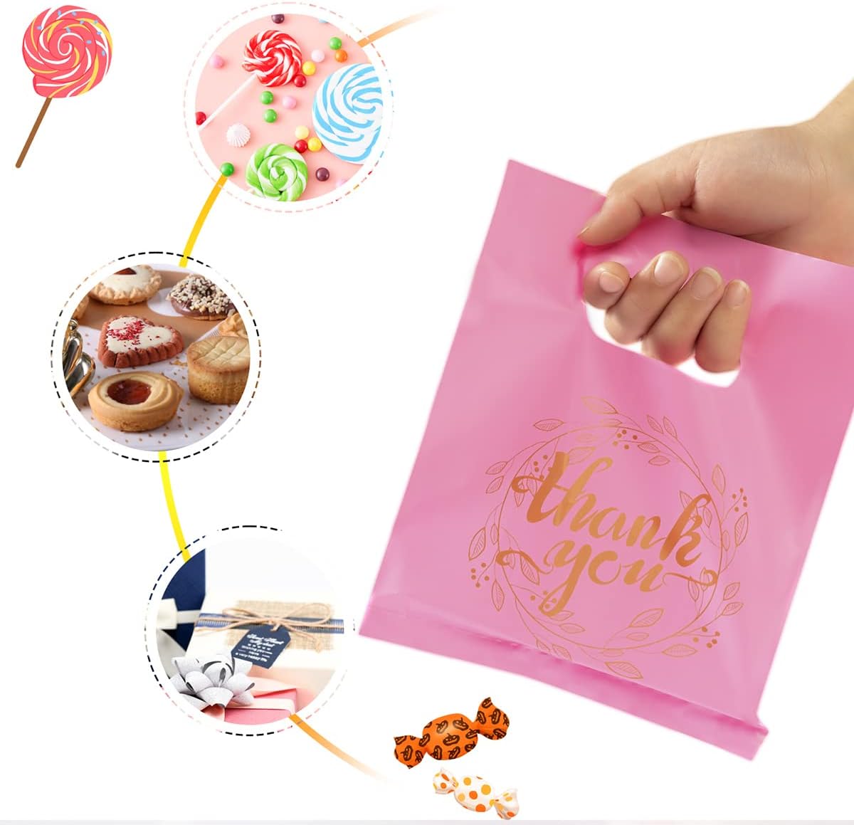 Wishop 100 Pieces Pink Thank You Merchandise Bags Party Gift Bags Candy Bags for Boutique, Retail, Gift Bags, Clothes, Party Favors (Pink/Gold, 6.3x7.9 Inches)