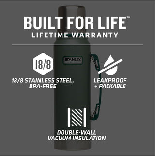 Stanley Heritage Classic Vacuum Bottle with Handle 1.1 qt | Wide Mouth w/Leakproof Cup Lid | Keep Drinks Hot or Cold | Insulated Stainless Steel Thermal Bottle | BPA-Free | Hammertone Green