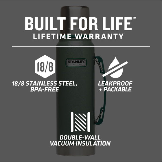 Stanley Heritage Classic Vacuum Bottle with Handle 1.1 qt | Wide Mouth w/Leakproof Cup Lid | Keep Drinks Hot or Cold | Insulated Stainless Steel Thermal Bottle | BPA-Free | Hammertone Green - hover image