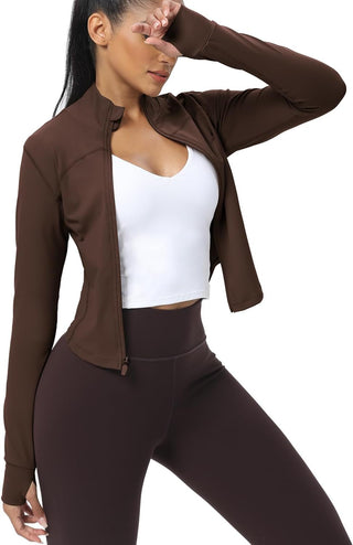 AVGO Women's Cropped Running Workout Jackets Zip Slim Fit Athletic Tops with Thumb Holes