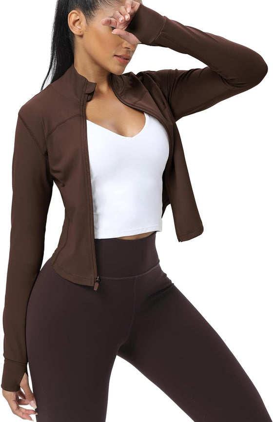 AVGO Women's Cropped Running Workout Jackets Zip Slim Fit Athletic Tops with Thumb Holes - hover image