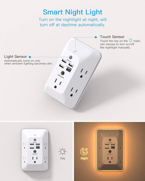 Outlet Extender with Night Light, HANYCONY Multi Plug Outlet, USB Wall Charger Surge Protector 4 USB Ports(1 USB C), Power Strip Electrical Outlet Splitter Expander for Home Office Dorm Room, ETL - hover image