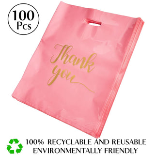 100 Pack Pink Thank You Shopping Bags for Small Business - 12"x15" Extra Thick 2.36 Mil Plastic Retail Thank You Bags with Handles for Stores, Boutique, Clothes, Business Gift