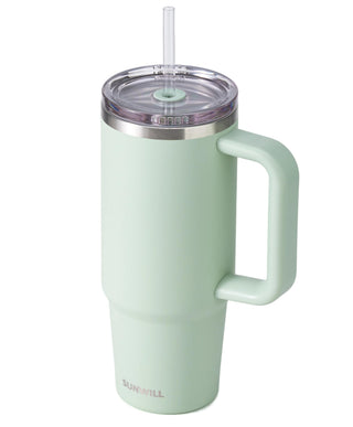 SUNWILL Insulated Coffee Tumbler with Handle, 30oz Stainless Steel Travel Mug with Straw, Spill Resistant Lid, Cup Holder Friendly, Powder Coated Almond
