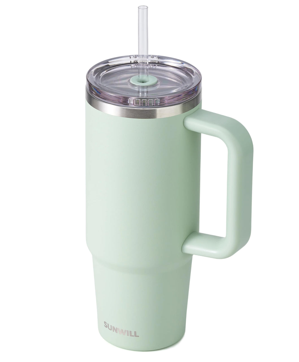 SUNWILL Insulated Coffee Tumbler with Handle, 30oz Stainless Steel Travel Mug with Straw, Spill Resistant Lid, Cup Holder Friendly, Powder Coated Camp Green