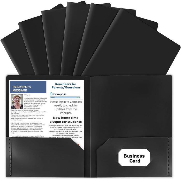 HABGP 6 Pack Black File Folders with Pockets and Business Card Slot, Letter Size Plastic 2 Pocket Folders for Documents, Office Filing Cabinet Folders, School Supplies for College Students
