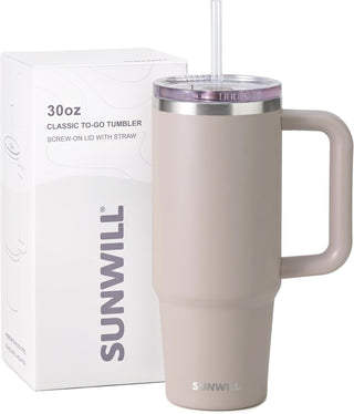 SUNWILL Insulated Coffee Tumbler with Handle, 30oz Stainless Steel Travel Mug with Straw, Spill Resistant Lid, Cup Holder Friendly, Powder Coated Almond