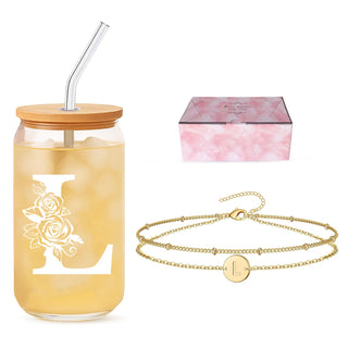 Friendship Gifts for Women, Initial Glass Cup and Bracelet Gift Set, Personalized Ready to Gift Letter Gift for Bestie, Women Friends and Special Occasions