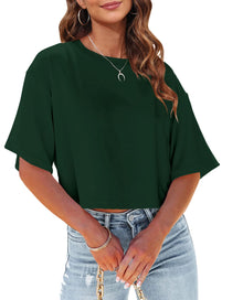 Tankaneo Women Half Sleeve Cropped T-Shirts Drop Shoulder Round Neck Crop Tops Casual Summer Solid Color Basic Tees