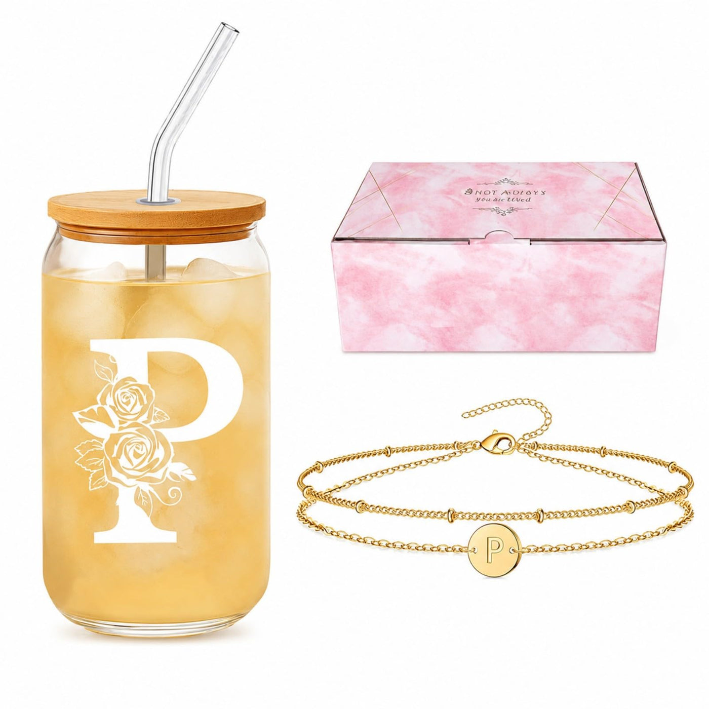 Sister Gifts for Women, Initial Glass Cup and Bracelet Gift Set, Personalized Ready to Gift Letter Keepsake for Birthday, Thank You and Just Because