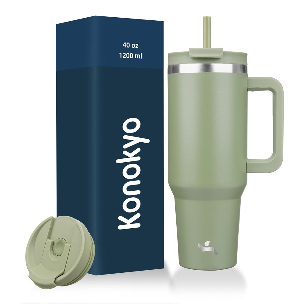 Konokyo 40 oz Tumbler with Handle and 2 Straws,2 in 1 Lid Insulated Water Bottle Stainless Steel Travel Coffee Mug,Mint
