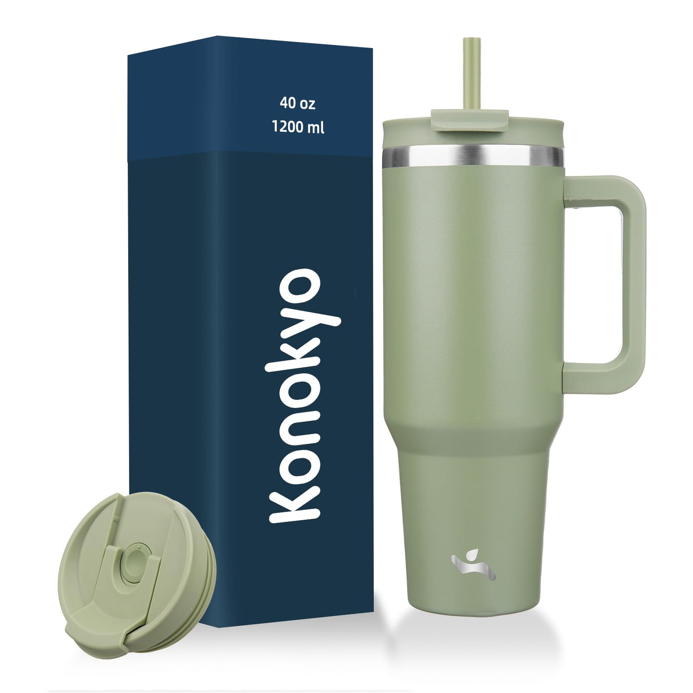 Konokyo 40 oz Tumbler with Handle and 2 Straws,2 in 1 Lid Insulated Water Bottle Stainless Steel Travel Coffee Mug,Mint