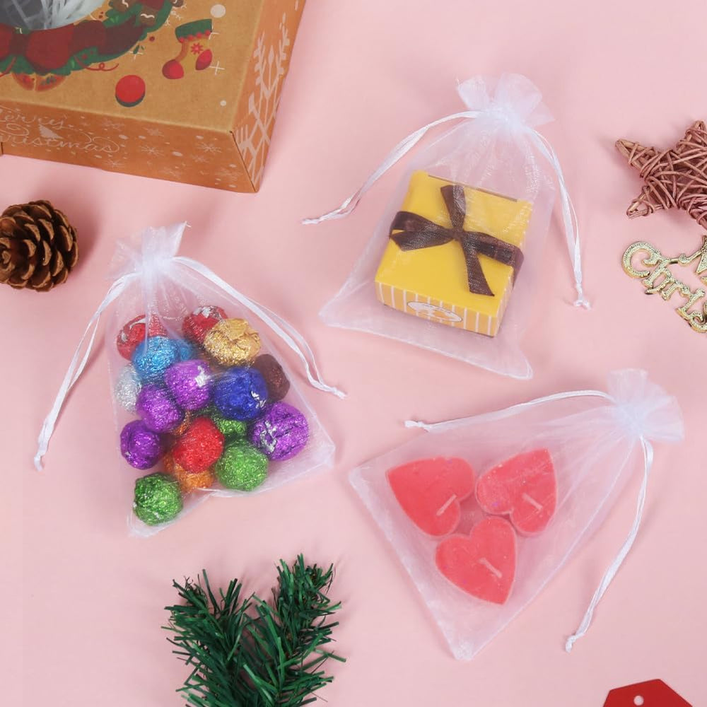 HRX Package 100pcs White Organza Bags, 4x6 inch Mesh Bags Drawstring Gift Bags Jewelry Pouches for Candy Wedding Favors Christmas