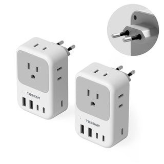 TESSAN 2 Pack European Travel Plug Adapter, Europe Power Converter 4 Outlets 3 USB(1 USB C PD 20W), Type C International Adaptor to Italy Spain France Portugal Iceland Germany, EU Travel Essentials