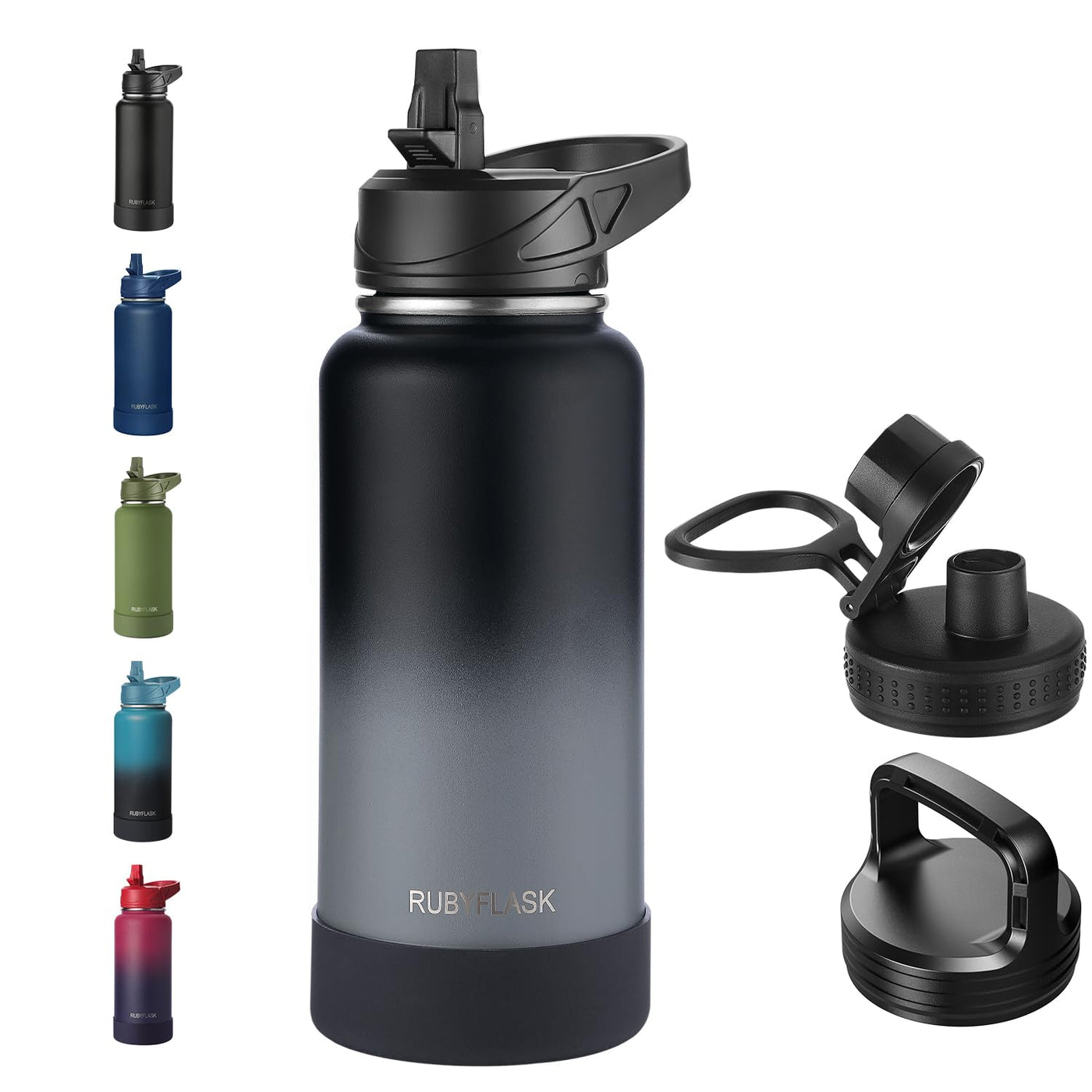 RUBYFLASK 32oz Insulated Water Bottle with Straw, Stainless Steel Metal Vacuum Water Flask, Large Thermal Water bottle with Leakproof 3 Lids for Travel, Camping, Gym Sports Indigo Black