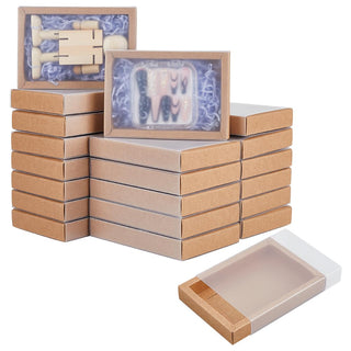 BENECREAT 30 Set Brown Kraft Drawer Gift Box, Paper Storage Organizers with Translucent Plastic Sliding Lid for Wedding Favors, DIY Crafts, Small Item Display, 7.17x5.12x1.8inch
