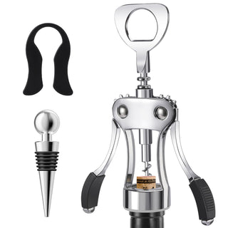 KORCCI Wine Opener, Heavy-Duty Zinc Alloy Wing Corkscrew, Premium Beer Bottle Opener, Multifunctional Wine Accessories with Ergonomic Handle and Sharp Screw, for Kitchen, Bar, Restaurant (SILVER)