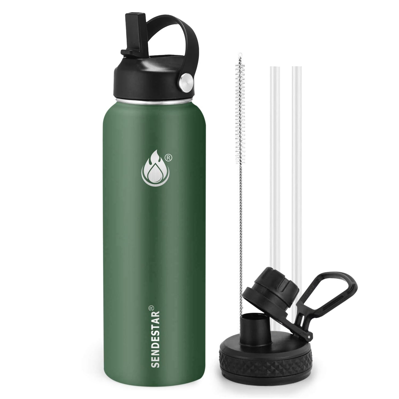 SENDESTAR Water Bottle 32oz Double Wall Vacuum Insulated Leak Proof Stainless Steel Sports Water Bottle—Wide Mouth with New Flex Straw Lid & Spout Lid (Deep Blue&Black)