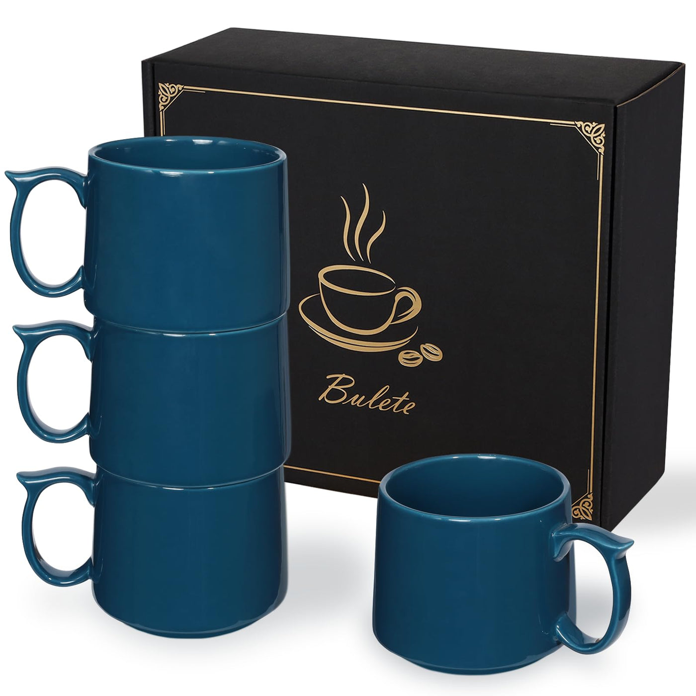 Coffee Mugs Gift Set of 4, Large 19 oz Stackable Ceramic Coffee Mug, Coffee Cups with Large Handle for Latte, Cappuccino, Milk, Tea, Dishwasher & Microwave Safe, Ideal for Men, Women - Black