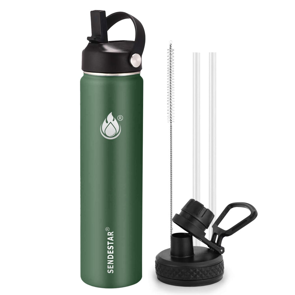 SENDESTAR Water Bottle 32oz Double Wall Vacuum Insulated Leak Proof Stainless Steel Sports Water Bottle—Wide Mouth with New Flex Straw Lid & Spout Lid (Deep Blue&Black)