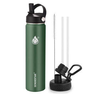 SENDESTAR Water Bottle 32oz Double Wall Vacuum Insulated Leak Proof Stainless Steel Sports Water Bottle—Wide Mouth with New Flex Straw Lid & Spout Lid (Deep Blue&Black)