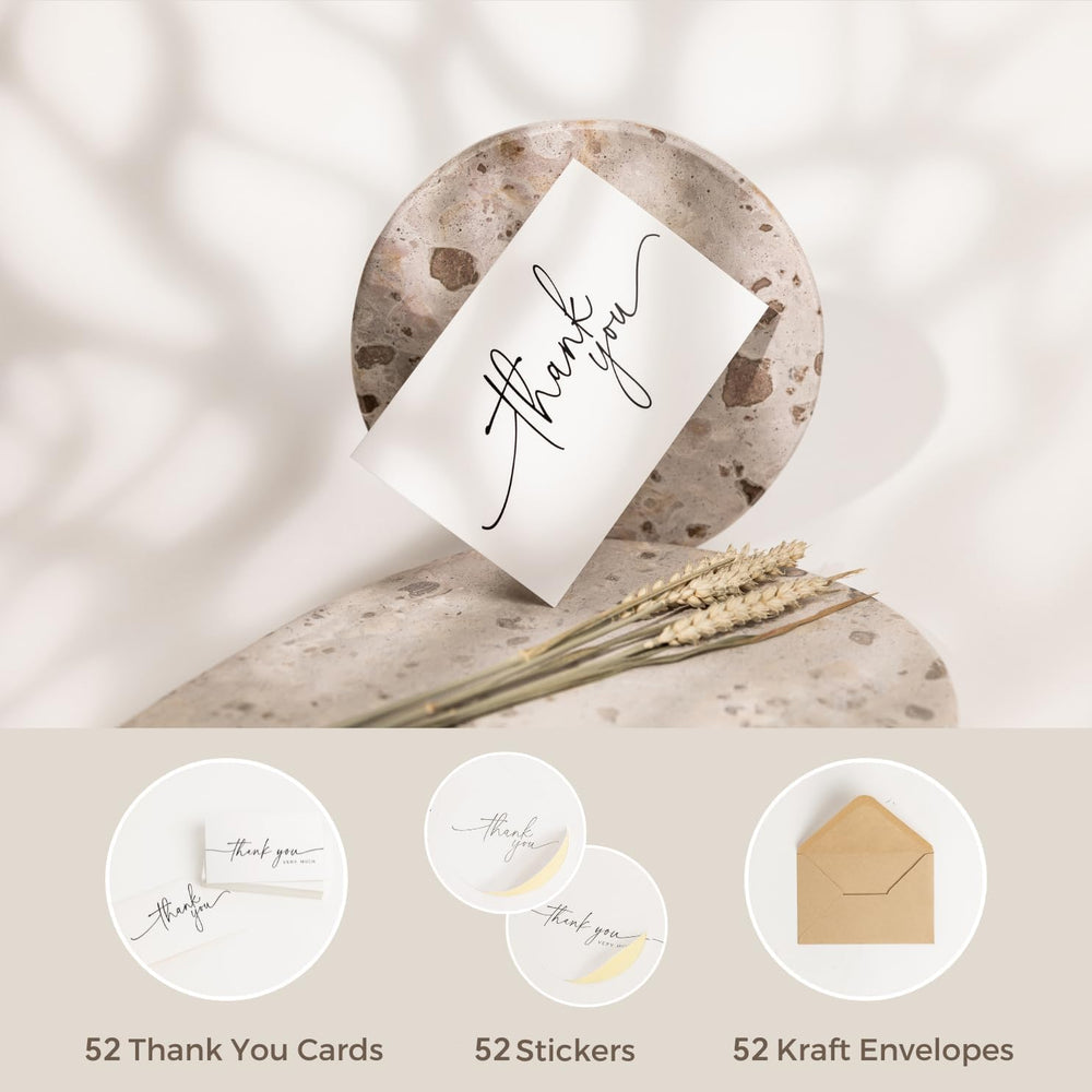 SPIRITDUST 52-pack Thank You Cards Bulk with Kraft Envelopes & Matching Stickers, 3.5x5 Inches, Minimalist Design | Perfect for Business, Weddings, Baby & Bridal Showers, Graduations & Funerals.