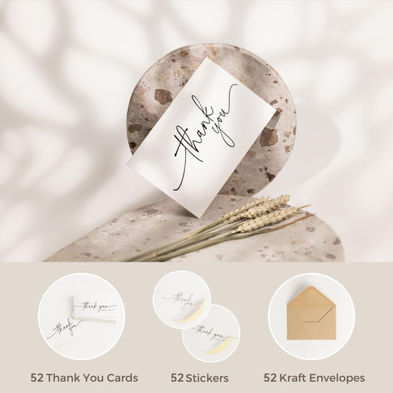 SPIRITDUST 52-pack Thank You Cards Bulk with Kraft Envelopes & Matching Stickers, 3.5x5 Inches, Minimalist Design | Perfect for Business, Weddings, Baby & Bridal Showers, Graduations & Funerals. - hover image